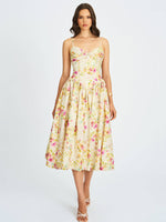 Jacinda Yellow Floral Print Ruched Breast Linen Midi Dress