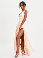 Talyssa Baby Pink Ruched Waist Double High Slit Maxi Gown (Archive Sale)