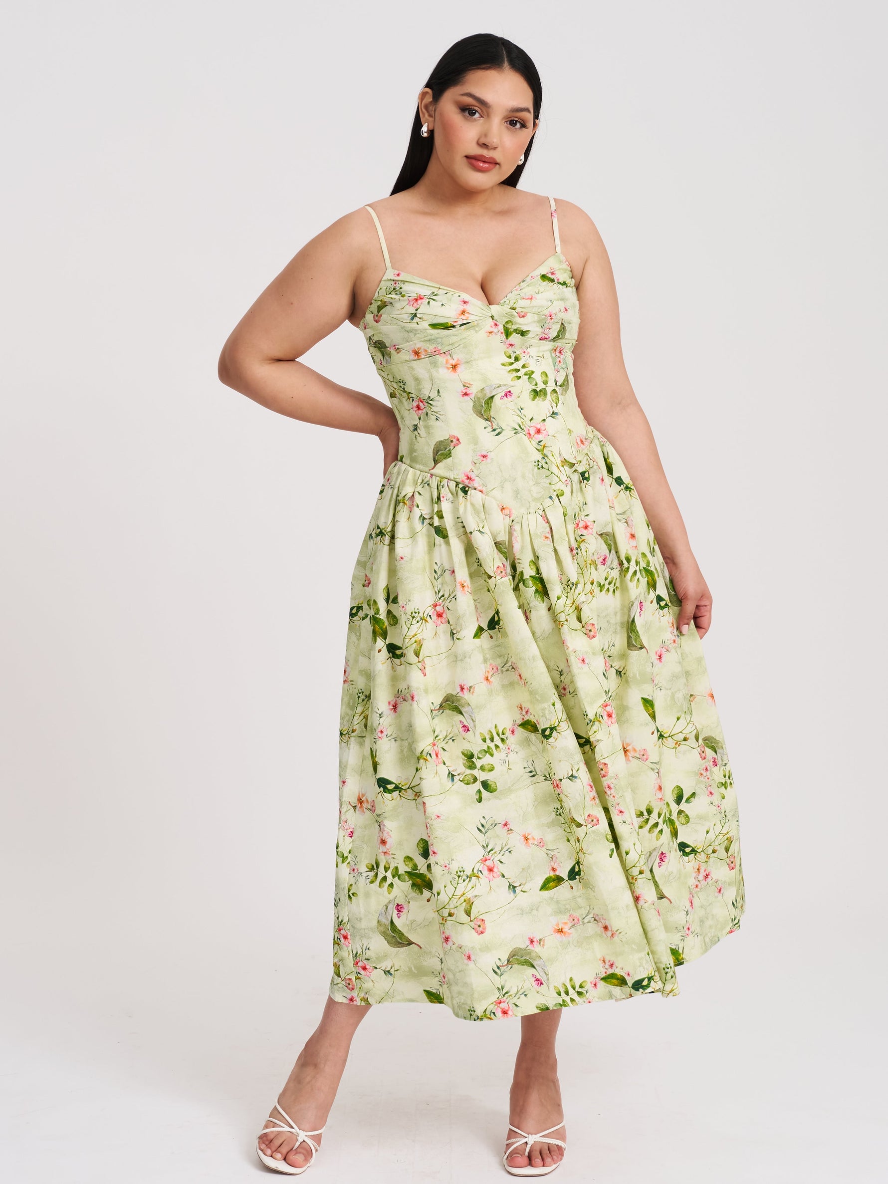 Jacinda Green Floral Print Ruched Breast Linen Midi Dress