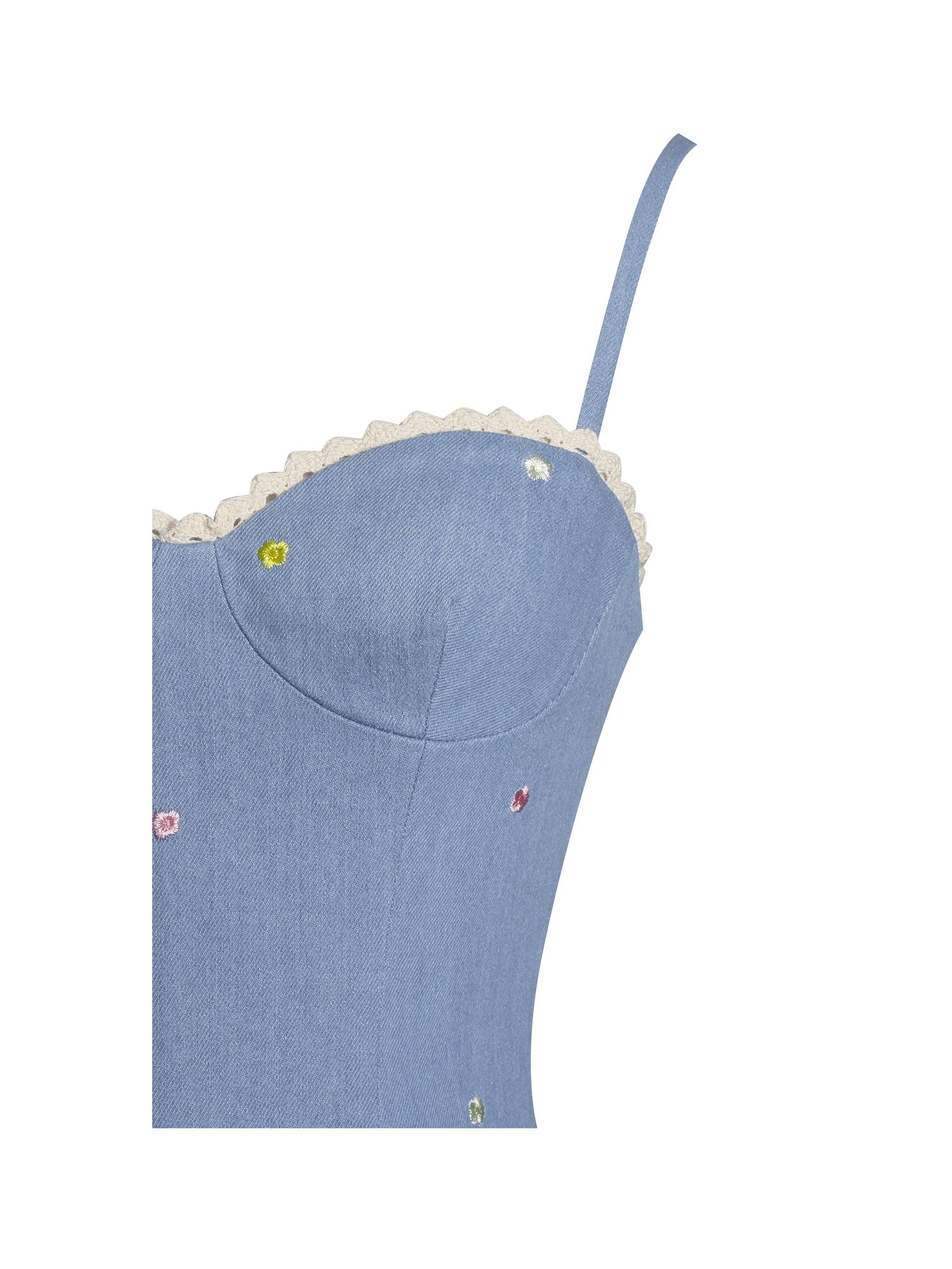 Zadie Cotton Denim Drop Waist Embroidery Flower Midi Dress