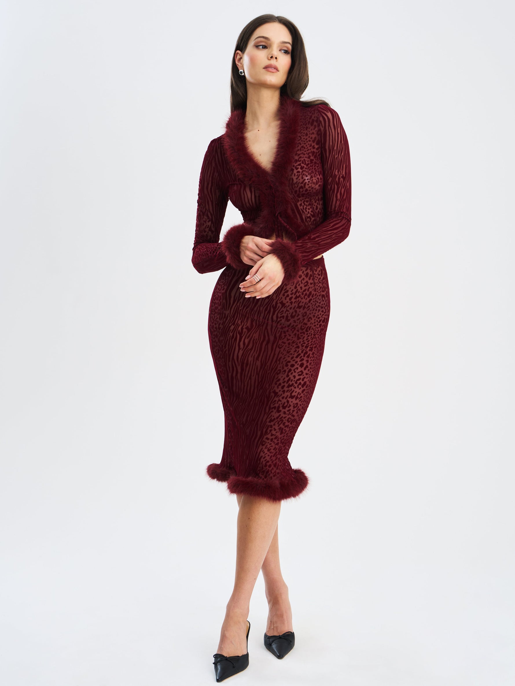 Halia Burgundy Animal Print Burnout Velvet Fur Trim Skirt Miss Circle