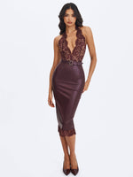 Fiera Mahogany Plunging Halter Belted Midi Dress