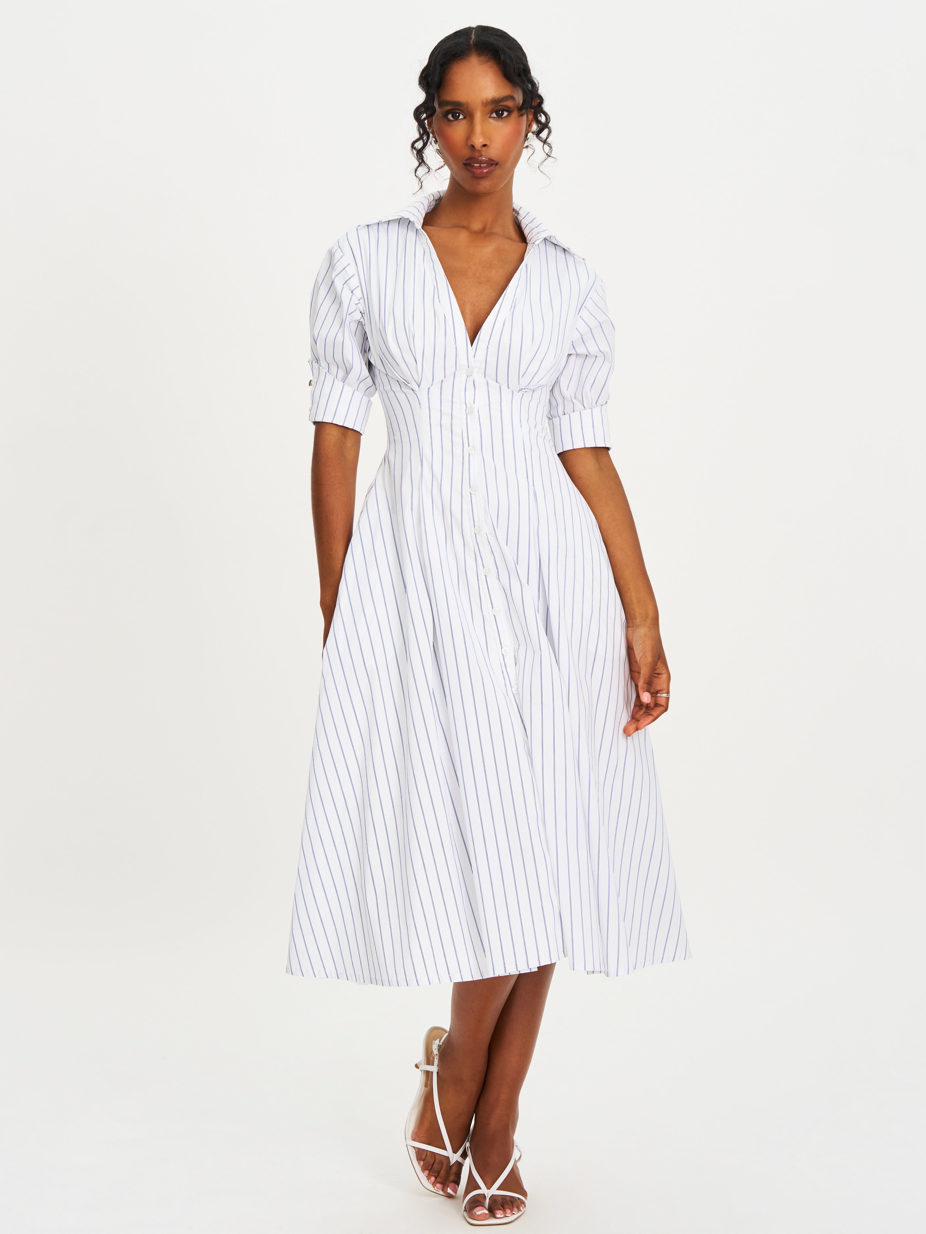 Palina Pinstripes Cotton Poplin Pleated Midi Preppy Shirt Dress Miss Circle