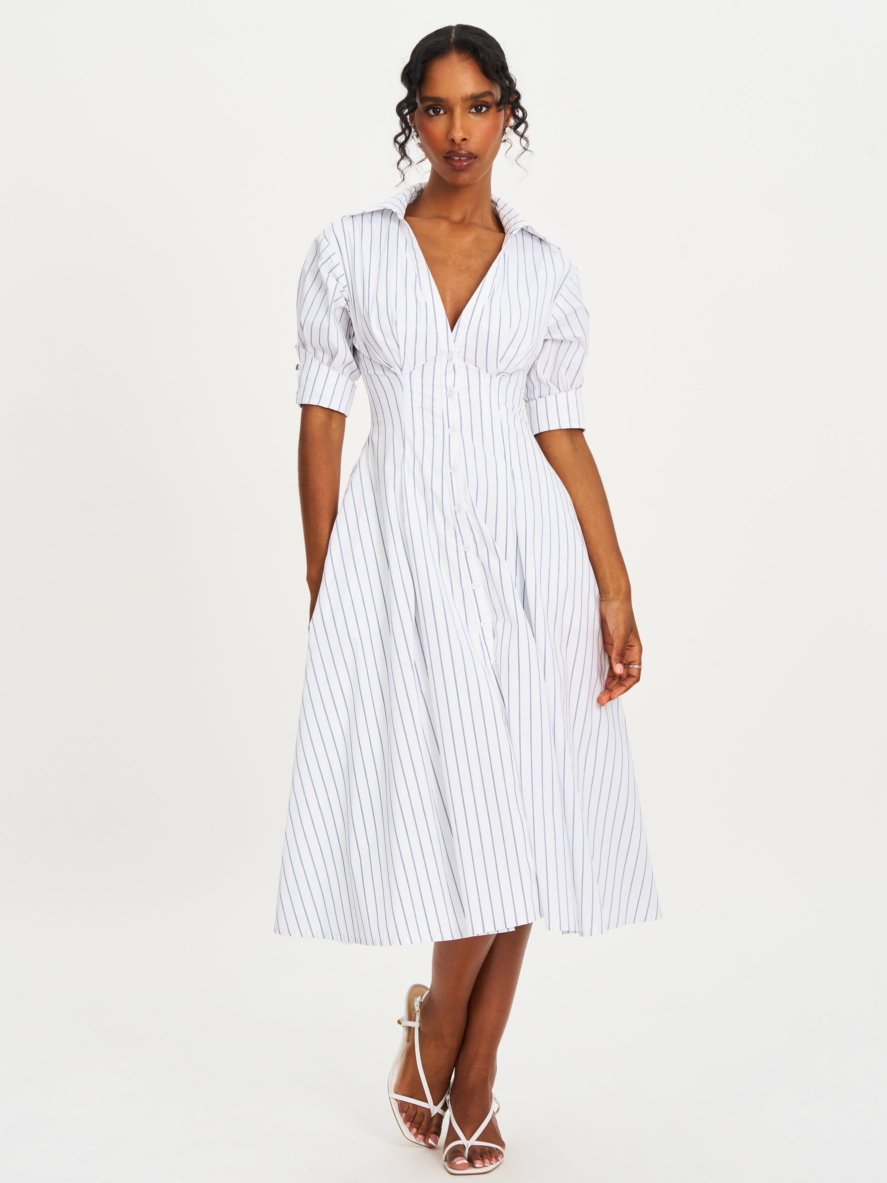 Palina Pinstripes Cotton Poplin Pleated Midi Preppy Shirt Dress Miss Circle