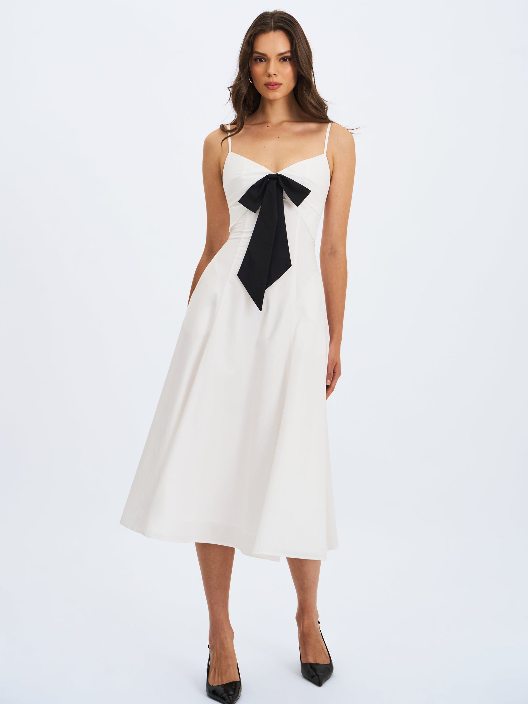 Corinne White Poplin Flared Midi Dress with Removable Bow Miss Circle