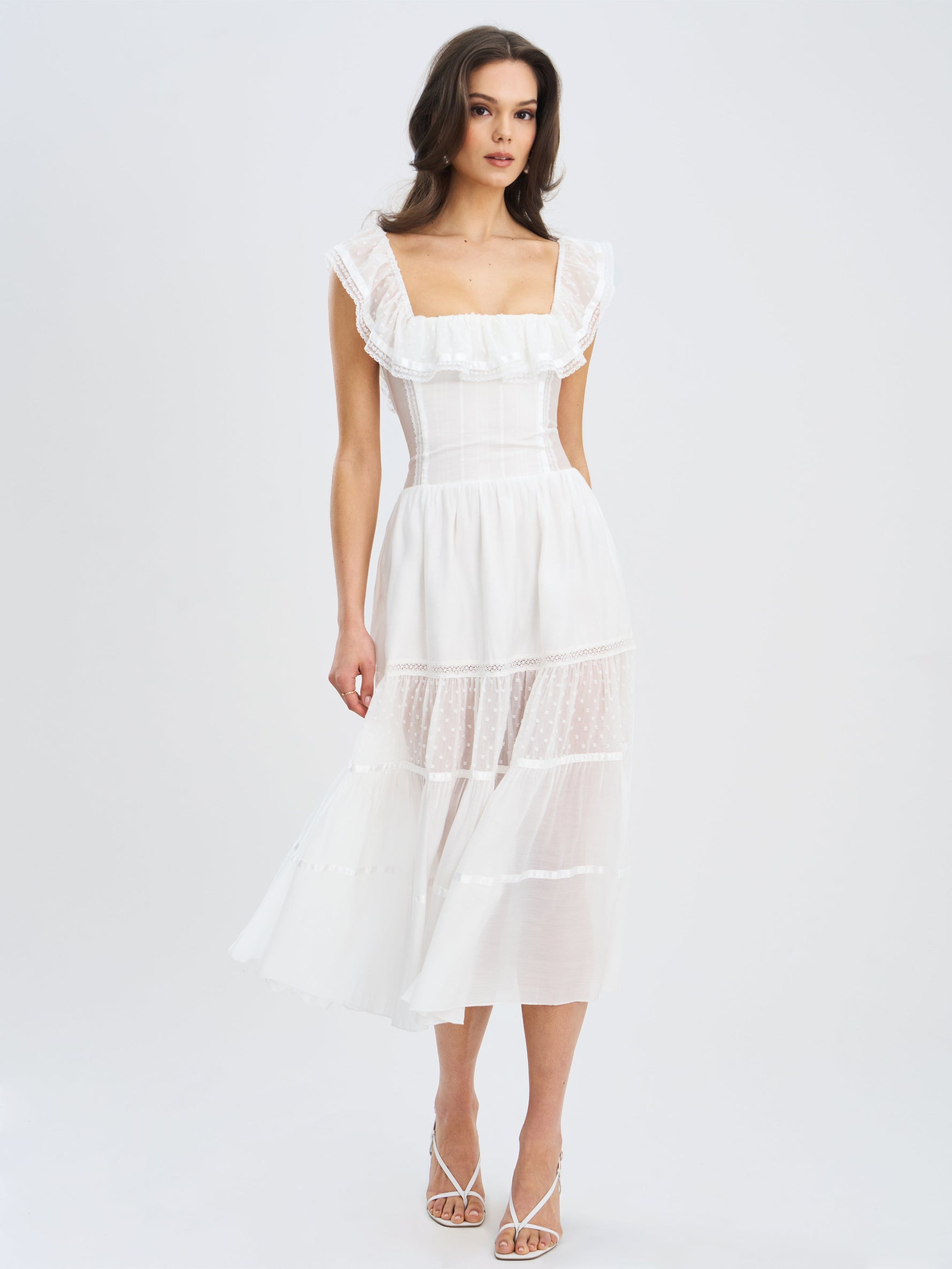 Eden Square Neck Ruffle Trim High Waist Midi Dress