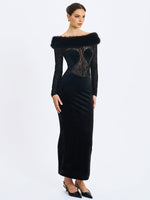 Alexis Black Velvet Animal Print Fur Boatneck Maxi Dress Miss Circle