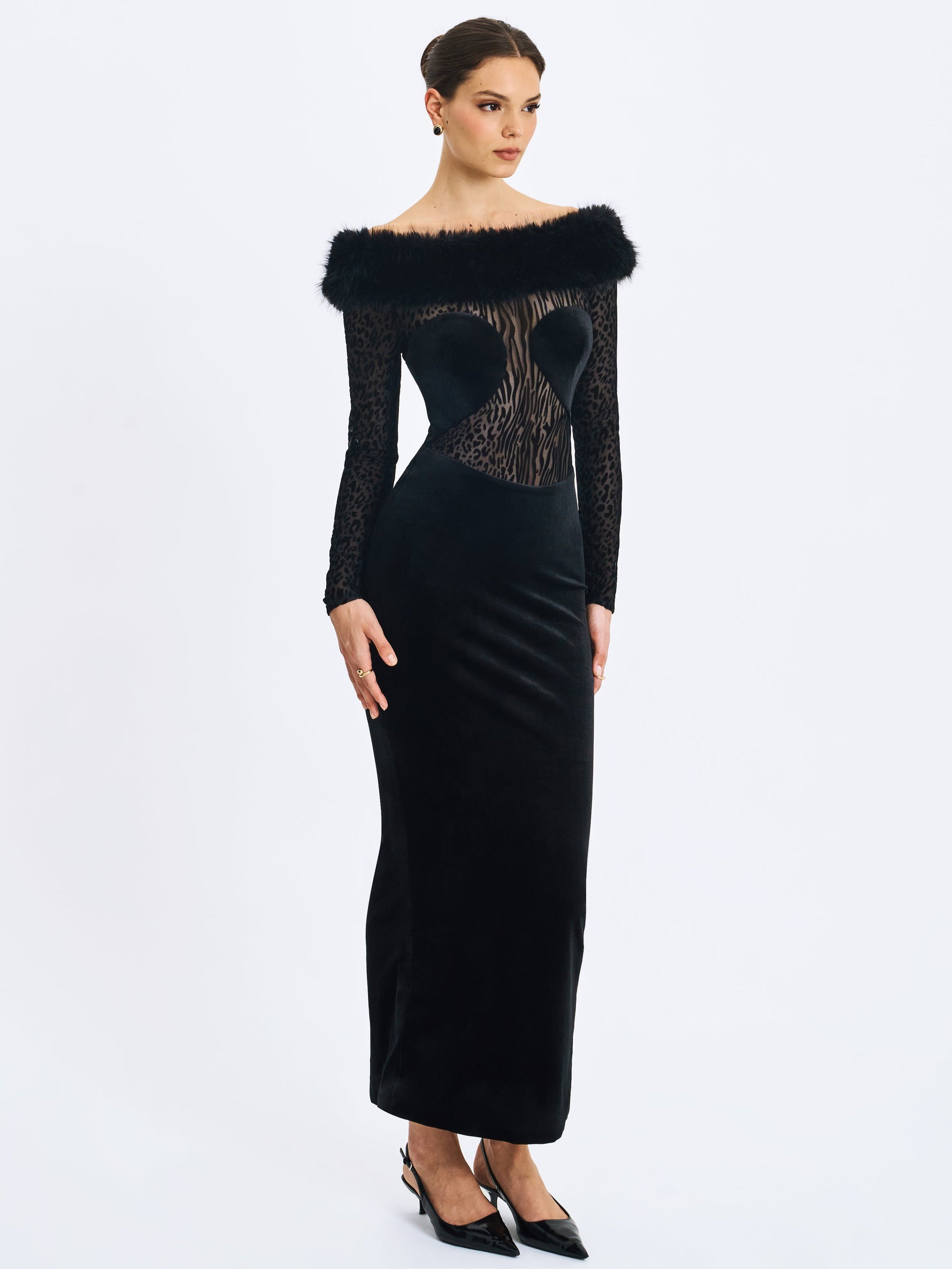 Alexis Black Velvet Animal Print Fur Boatneck Maxi Dress Miss Circle
