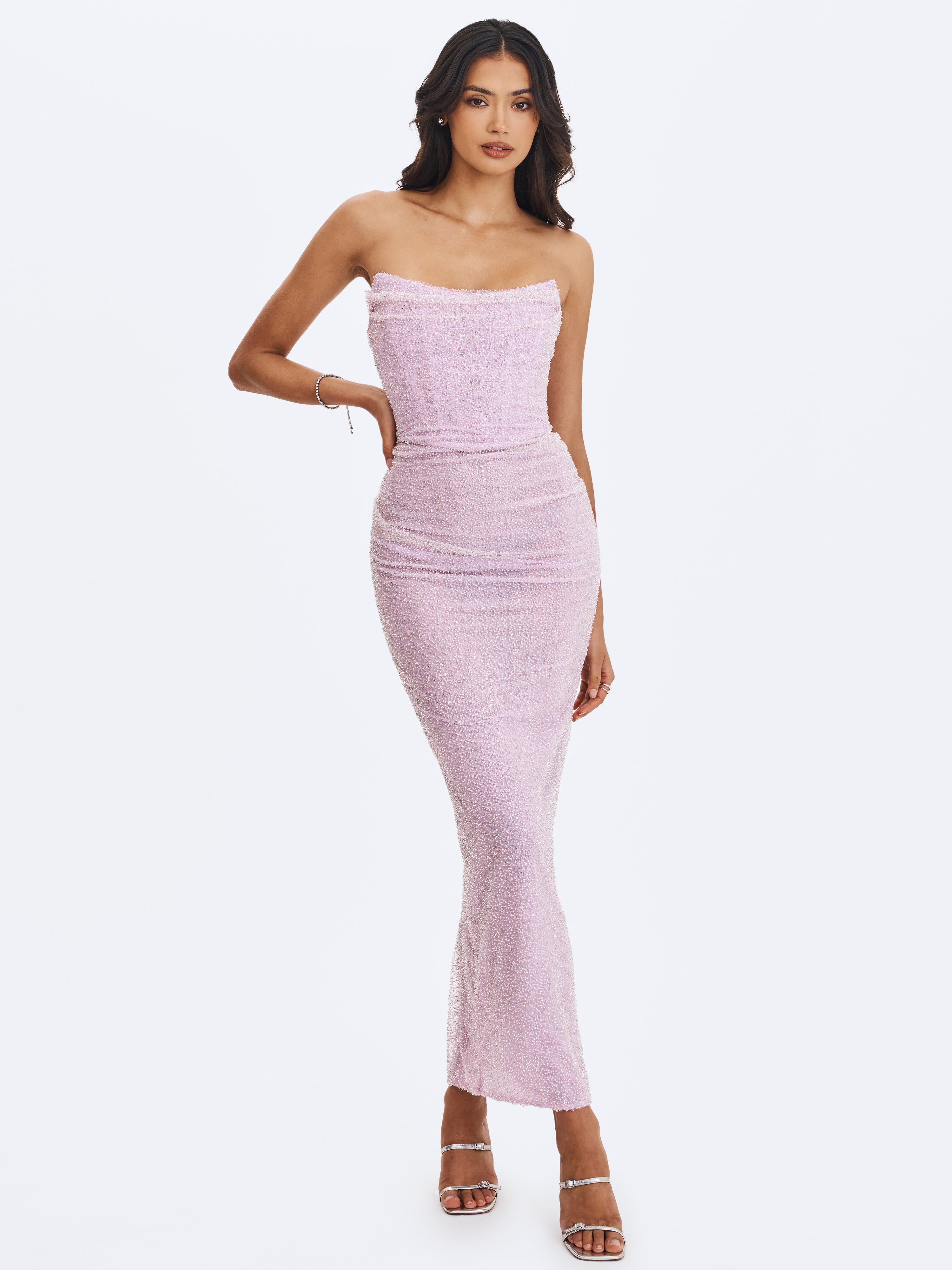Raylee Lilac Beaded Mesh Strapless Sheath Maxi Dress