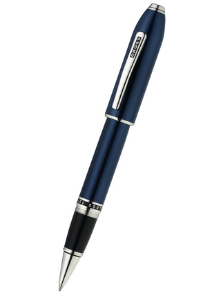 Peerless™ Polished Translucent Cobalt Blue Engraved Diamond Pattern with Polished Chrome Appointments and Swarovski Crystal Rollerball Pen - By Baano