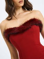 Nalia Crimson Fur Trimmed Sweetheart Mini Dress Miss Circle