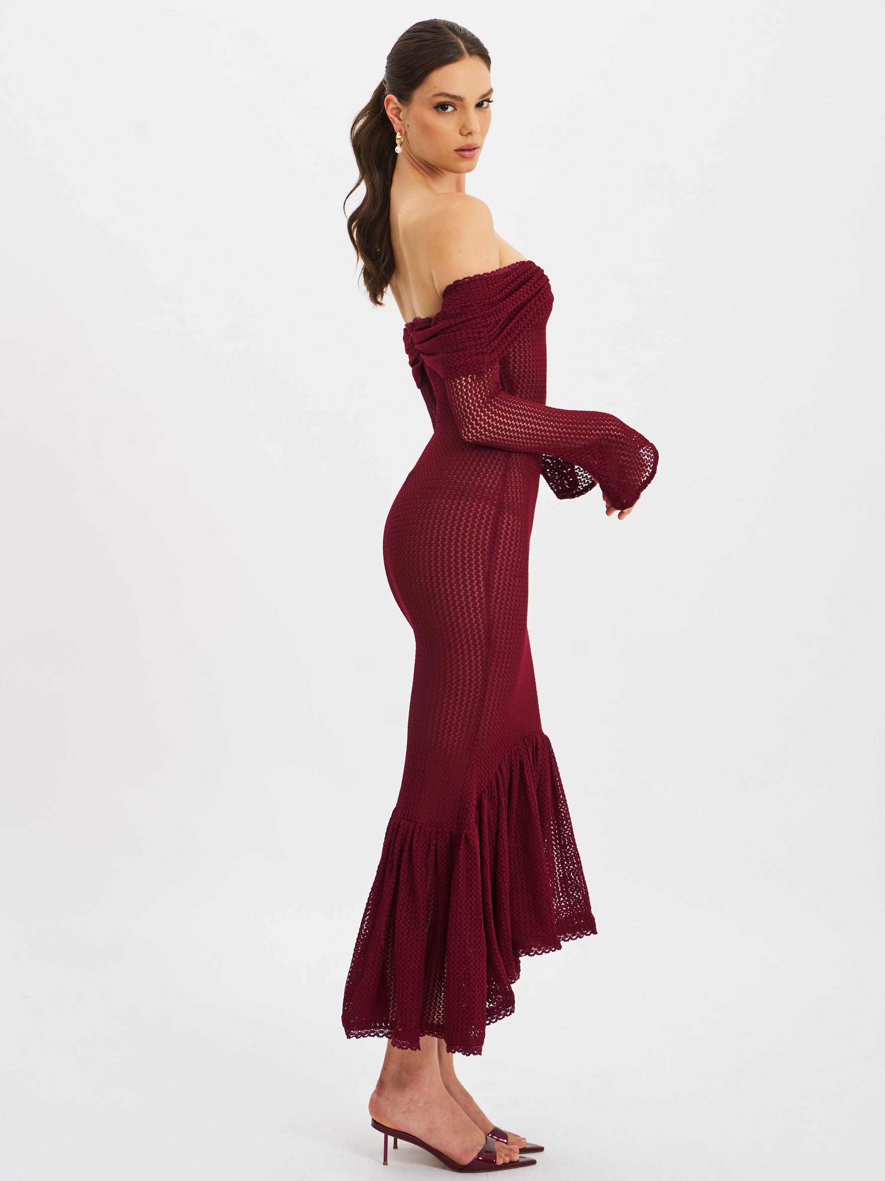 Kaedyn Burgundy Off Shoulder Long Sleeve Crochet Mermaid Maxi Dress Miss Circle