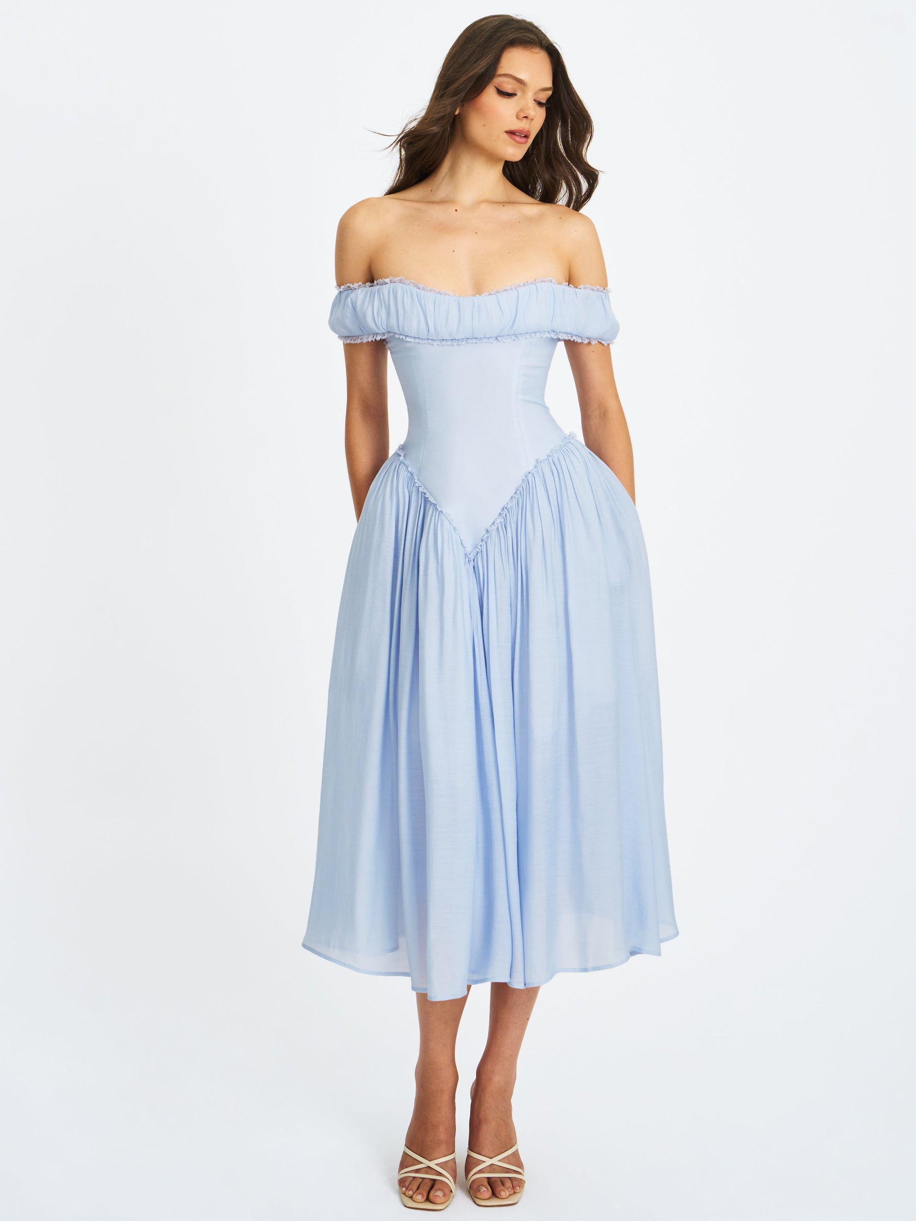 Xavy Baby Blue Off Shoulder Corset Midi Dress Miss Circle