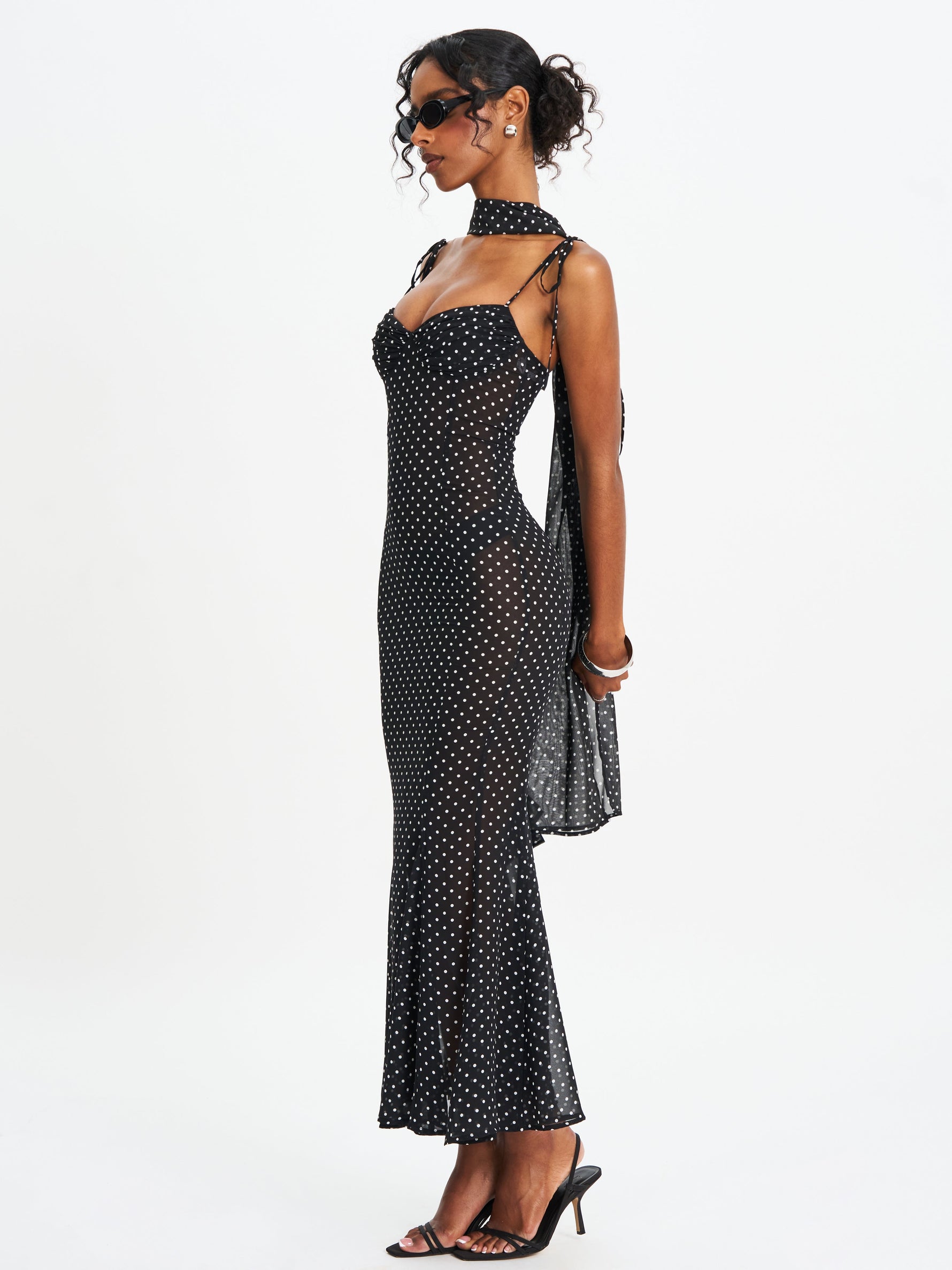 Yadira Black Base Polka Dot Chiffon Maxi Dress Miss Circle