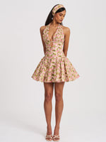 Mackenzie Green and Pink Floral Print Halter Linen Mini Dress Miss Circle