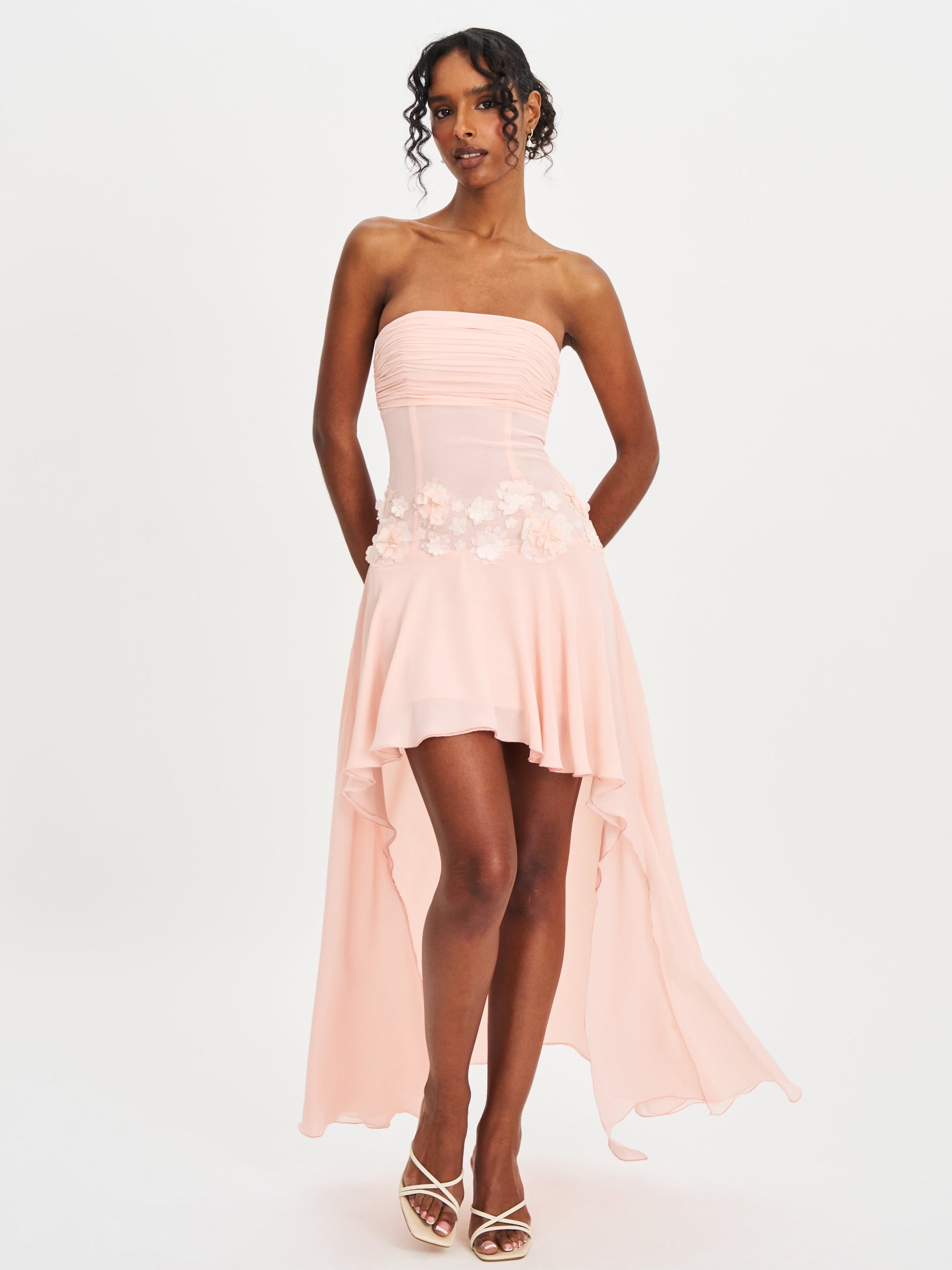 Mae Pink Ruched Breast Appliqué Trim Trailing Dress
