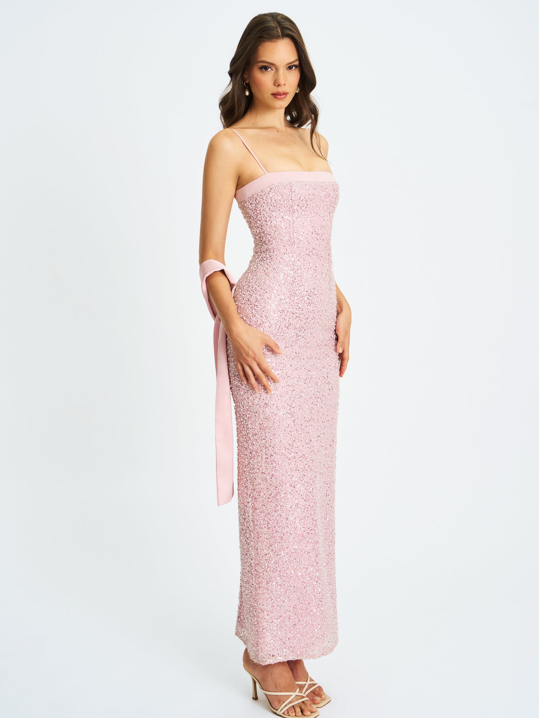 Raizel Pink Beaded Sequin Bodycon Gown with Scarf Miss Circle