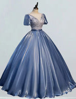 Women's Elegant Blue Satin Sequin V-Neck Prom Dress | Scoop Neck Evening Gown