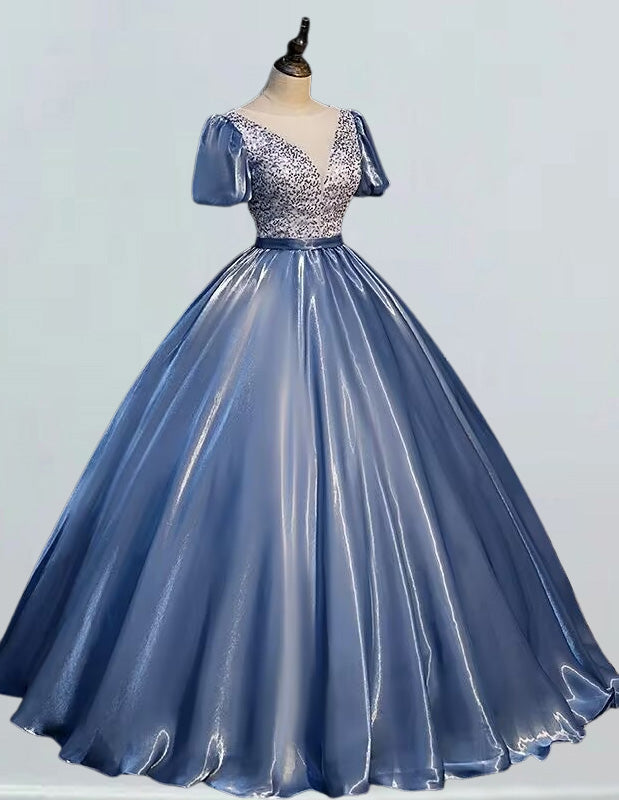 Women's Elegant Blue Satin Sequin V-Neck Prom Dress | Scoop Neck Evening Gown