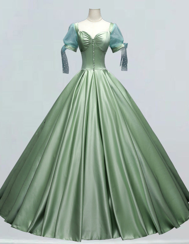 Sage Green Satin Ball Gown with Pleated Sleeves | Boat Neck Prom & Bridesmaid Dress
