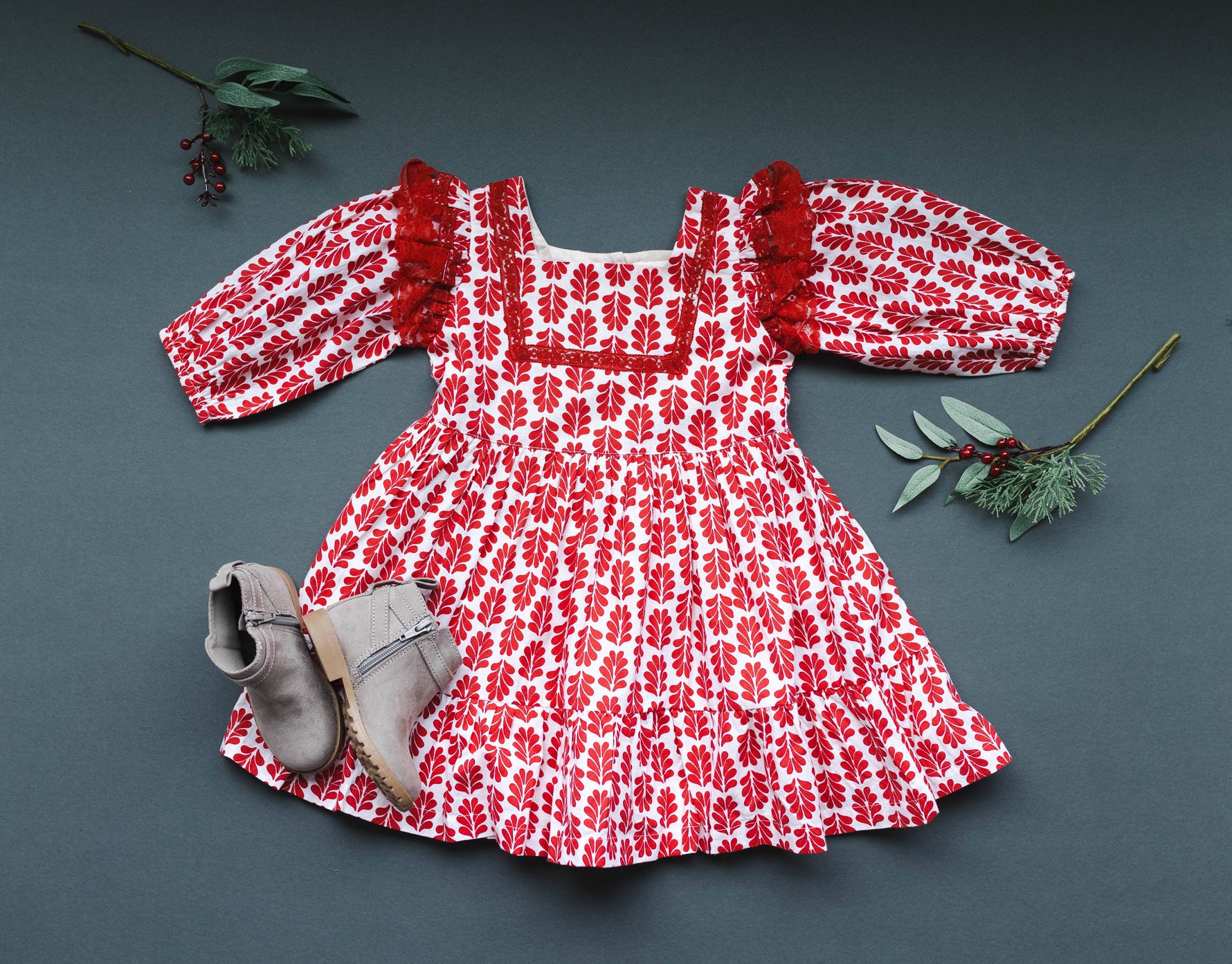 Red Floral Printed Dress with Lace Detail - By Baano