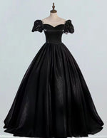 Women's Elegant Black Satin Evening Gown with Sleeves | Scoop Neck Prom Dress