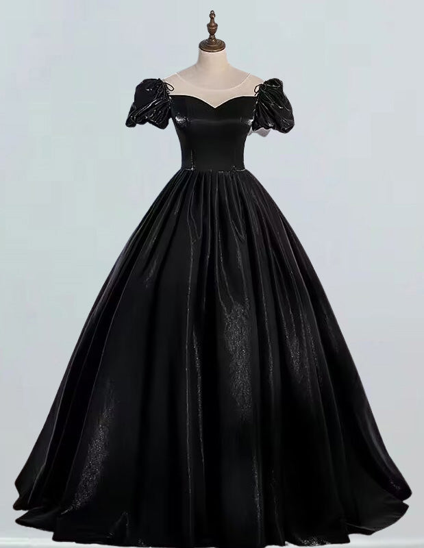Women's Elegant Black Satin Evening Gown with Sleeves | Scoop Neck Prom Dress
