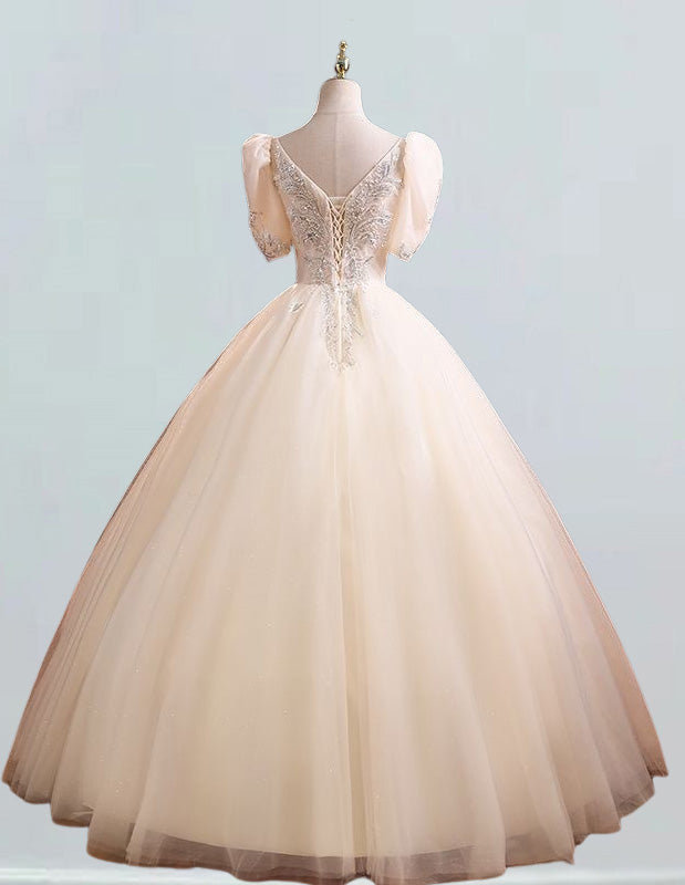 Girls' Elegant Beaded Lace V-Neck Quinceanera Dress | Tulle Ball Gown Evening Wear