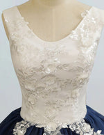 Elegant Navy Tulle Prom Gown, Lace Applique Boat Neck, Formal Evening Dress