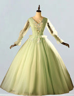 Green v neck prom dress ball gown lace applique party prom dress pleated beaded floor length wedding gown long sleeve evening dress