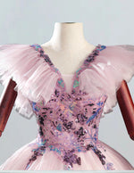 Pink v neck prom dress ball gown,sleeve long graduate party dress,Colorful lace applique tulle pageant dress