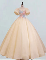 Women's Lace Applique Puff Sleeve Prom Gown | Scoop Neck Evening Dress