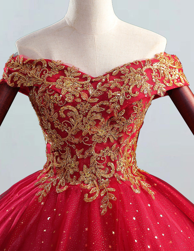 Red Off-Shoulder Tulle Ball Gown | Beaded Prom & Wedding Dress | Elegant Evening Attire