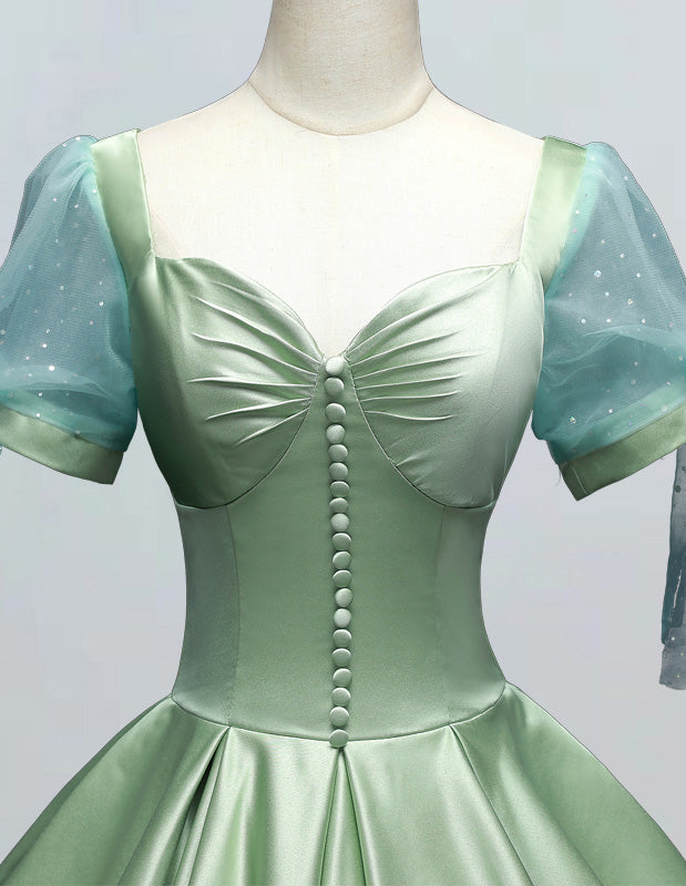 Sage Green Satin Ball Gown with Pleated Sleeves | Boat Neck Prom & Bridesmaid Dress