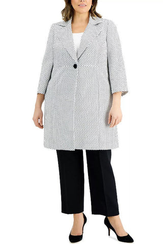 Le Suit Notched Collar Long Sleeve One Button Closure Pockets Geo Dot Jacquard Topper with Mid Waist Elastic Back Solid Pants Suit (Plus Size) - By Baano