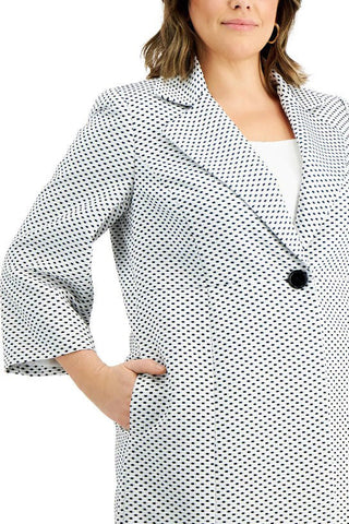 Le Suit Notched Collar Long Sleeve One Button Closure Pockets Geo Dot Jacquard Topper with Mid Waist Elastic Back Solid Pants Suit (Plus Size) - By Baano