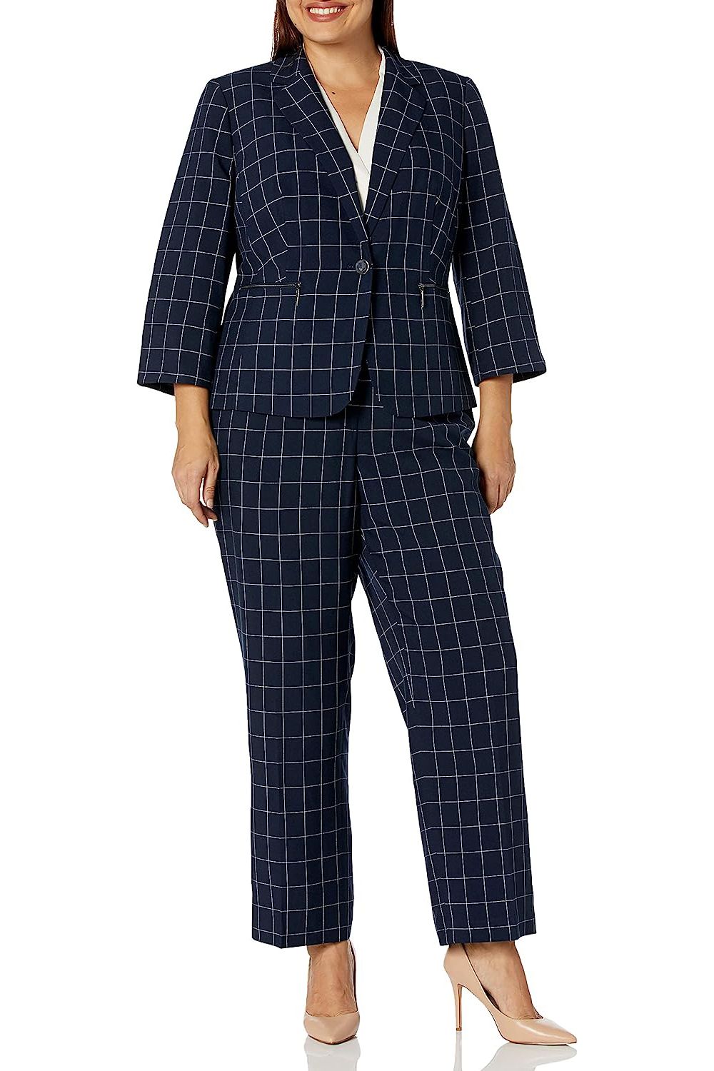 Le Suit Notched Collar One Button Closure Shoulder Pads Zip Pockets with Mid Rise Zipper with Hook and Bar Closure - Glamourous Grace