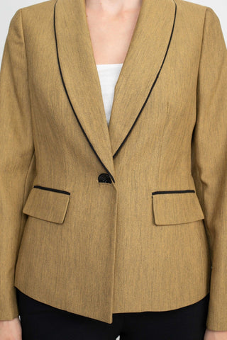 Le Suit Shawl Collar Long Sleeve Mini Herringbone Piping Detail Flap Pockets Jacket with Mid Waist Button Zipper Closure Pockets Slim Pants (Two Piece) - Glamourous Grace