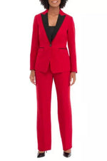 Le Suit Single-Button Blazer Contrasting Lapel and Straight-Leg Trousers Pantsuits