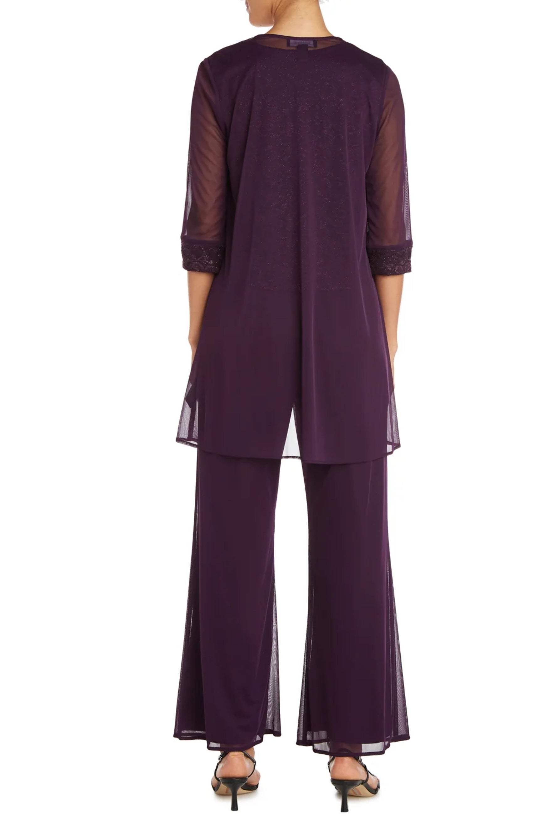 R&M Richards Scoop Neckline Lace Top Sheer Jacket Sheer Overlay Pants Three Piece Suit Dress (Plus Size)