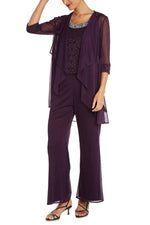 R&M Richards Scoop Neckline Lace Top Sheer Jacket Sheer Overlay Pants Three Piece Suit Dress (Plus Size)