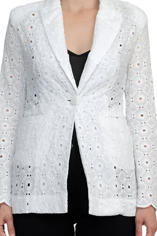 Industry Lapel Collar Long Sleeve One Button Closure Eyelet Lace Blazer - By Baano
