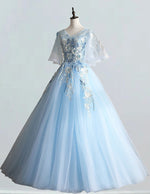 Blue v neck lace applique ball gown prom dress wedding bridal dress quinceanera gown