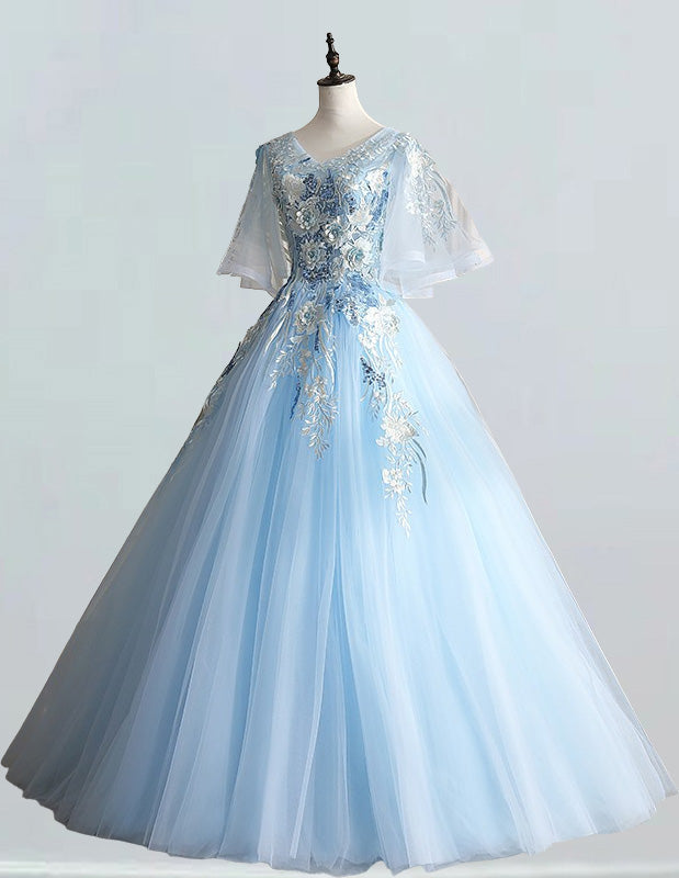 Blue v neck lace applique ball gown prom dress wedding bridal dress quinceanera gown