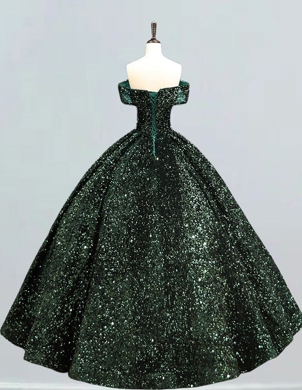 Plus Size Dark Green Velvet Sequin Off-Shoulder Prom Dress | Floor-Length Ball Gown