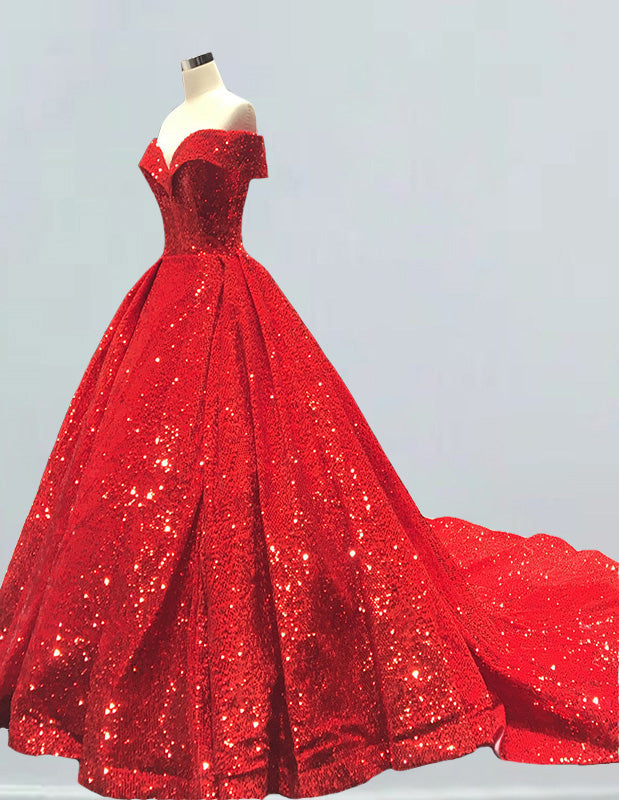 Red off the shoulder velevt sequin long train prom dress ball gown custom made evening party gown
