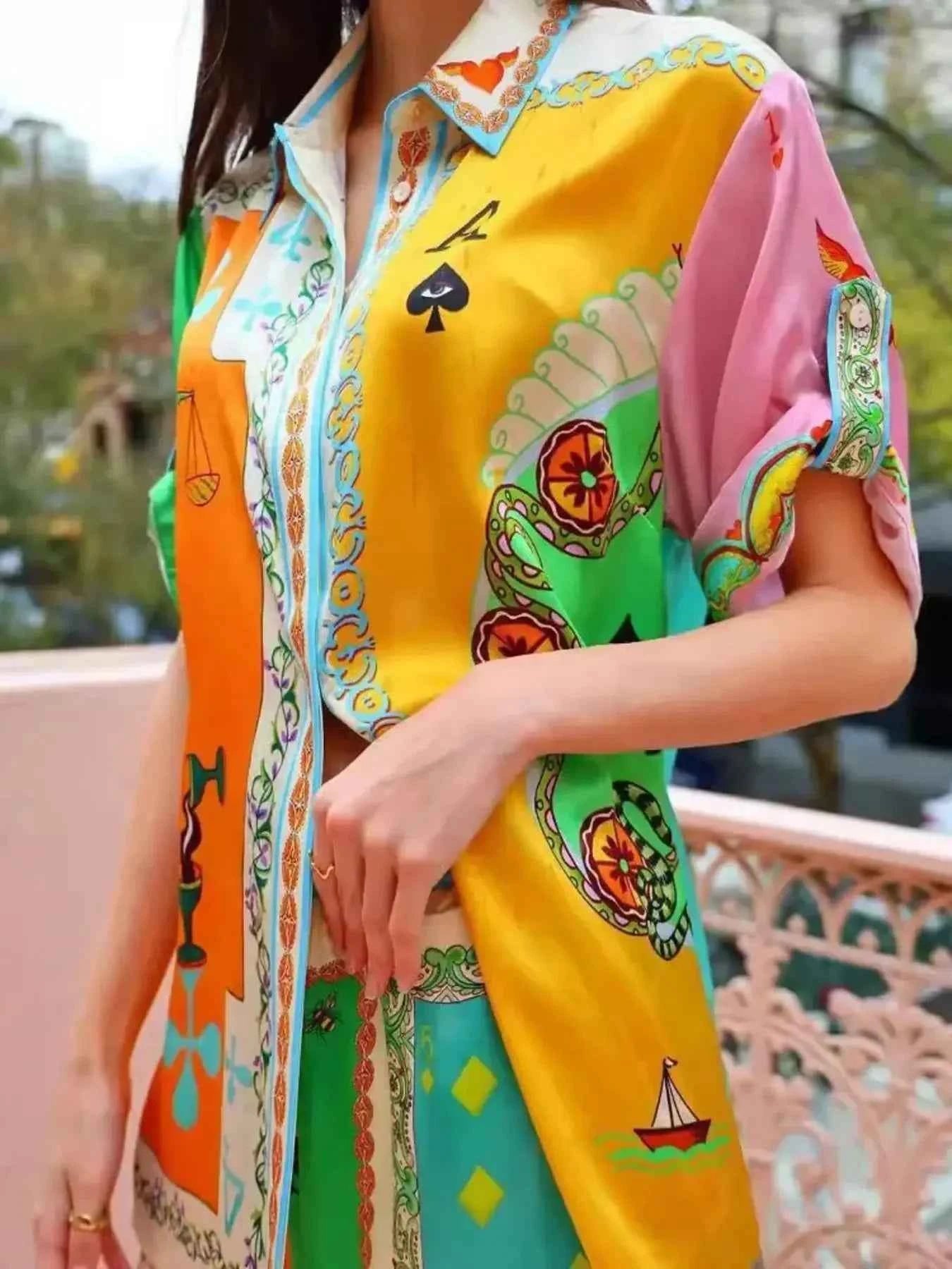 Colorful Print Shirt and Pants Two-Piece Set