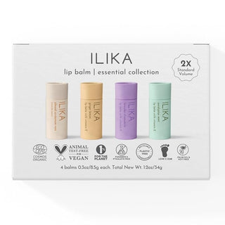 ILIKA Lip Balm, Organic,100% Plant-Based, 2X Volume, Low CO2e - COSMOS Certified Organic, PETA Certified Vegan & Cruelty-Free, Biodegradable Tube 4 Pack, Essential Collection - By Baano