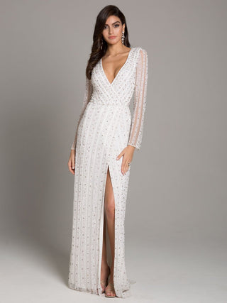Lara Blair Long-Sleeve Beaded Surplice Sheath Gown - By Baano