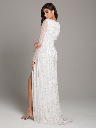 Lara Blair Long-Sleeve Beaded Surplice Sheath Gown - By Baano